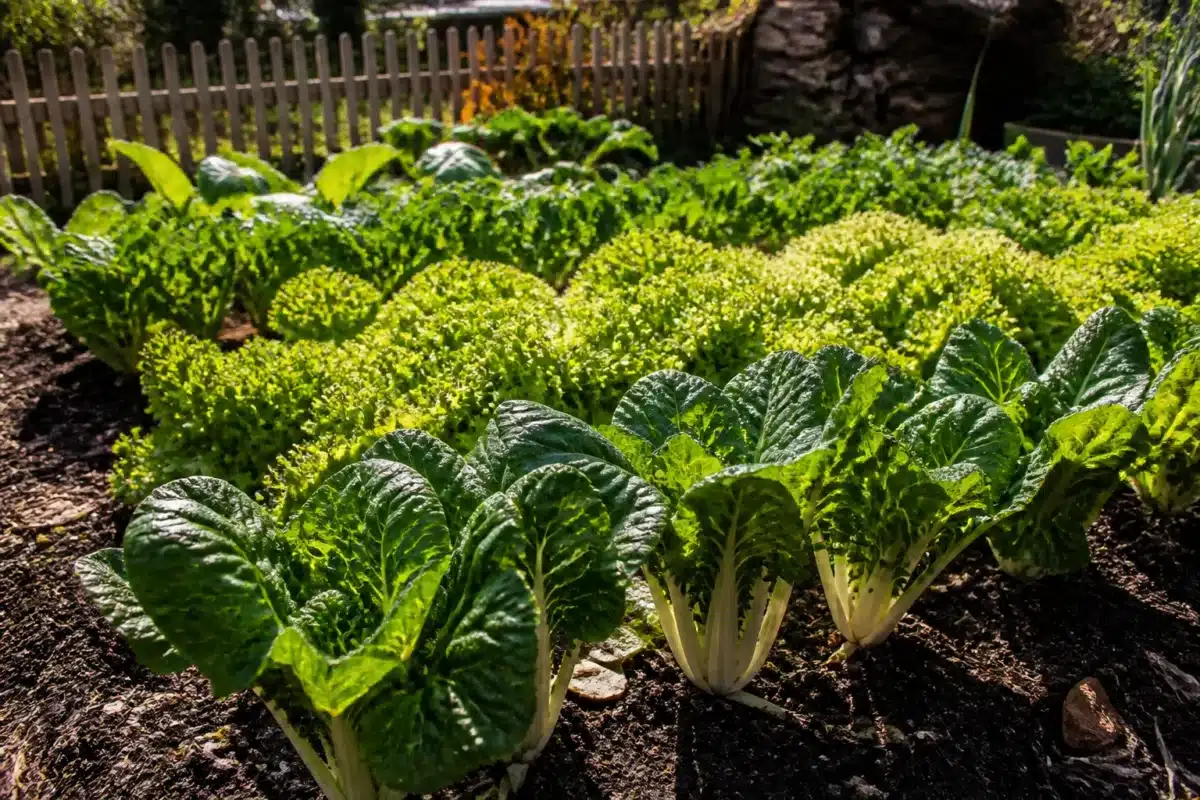 Jardin potager automnal avec légumes verts plantés en septembre