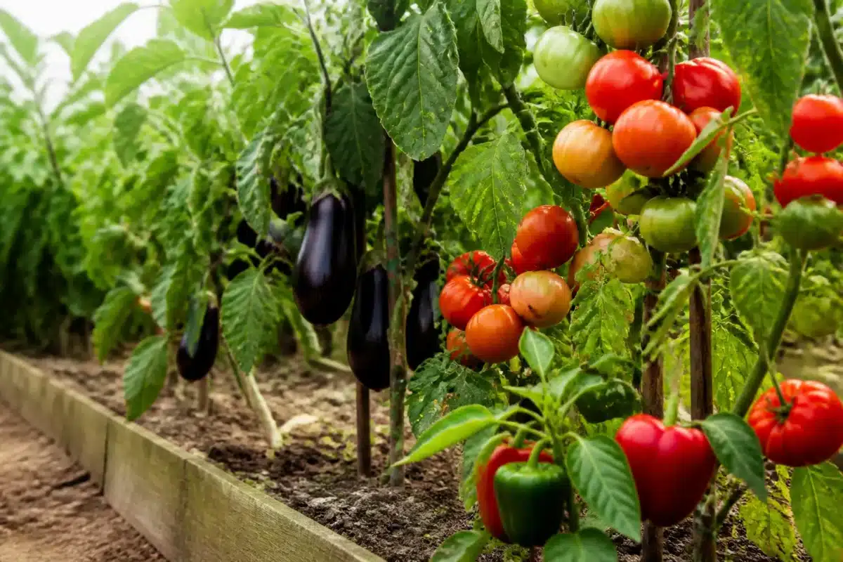 Rangees de tomates, aubergines et poivrons dans potager