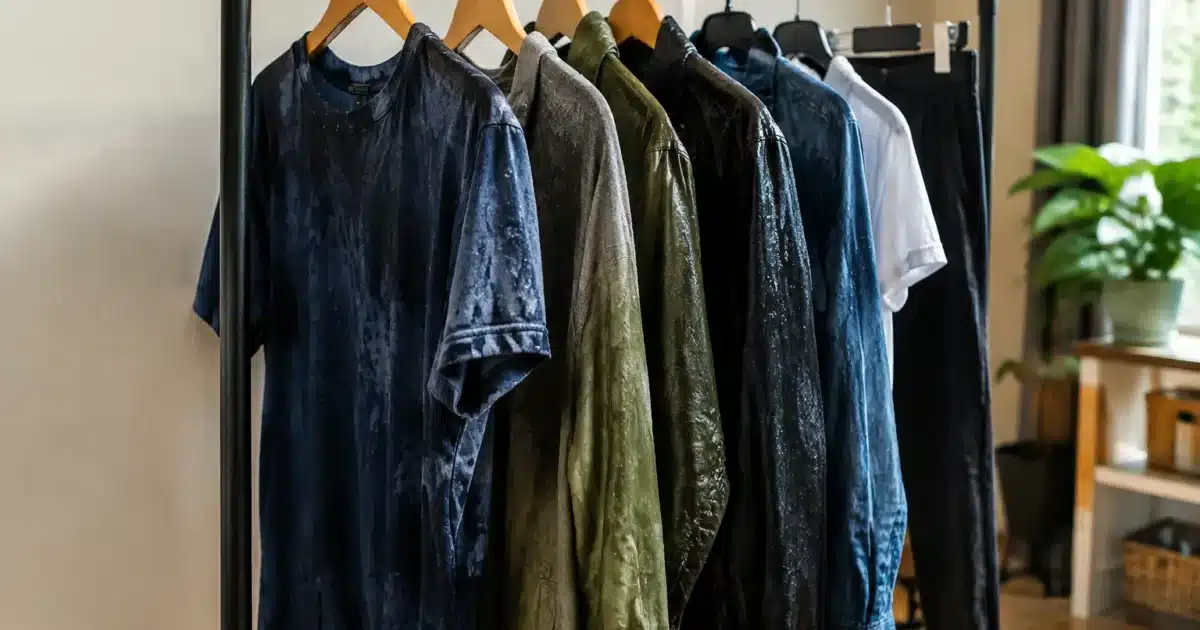 Vetements humides suspendus sur portant interieur sans ventilation