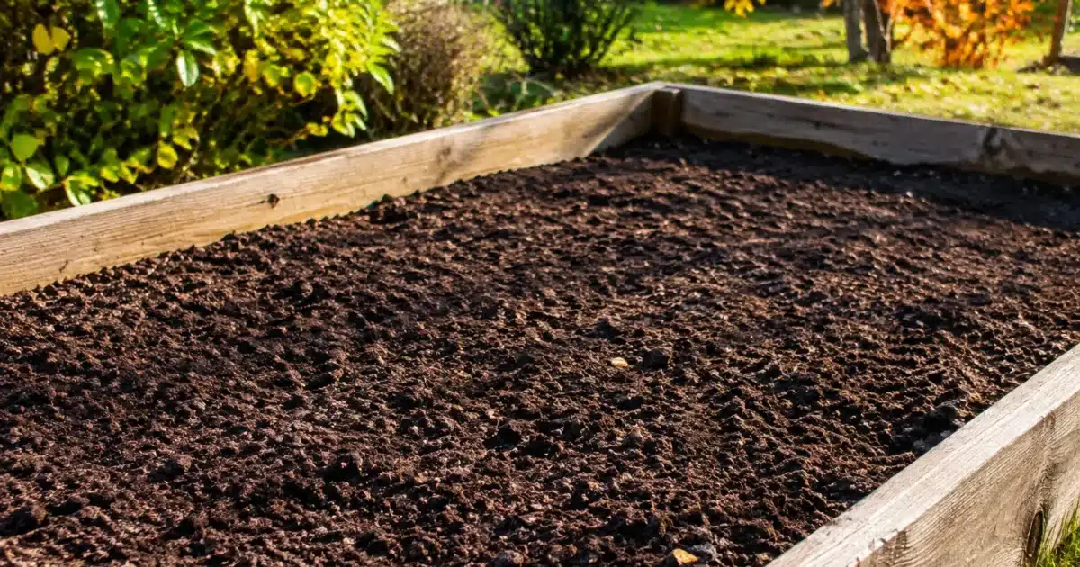 Lit de jardin vide avec terre brune exposee au soleil automnal