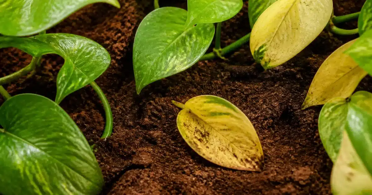 Plantes vertes posées sur marc cafe granule, certaines feuilles vigourenses, d'autres jaunies