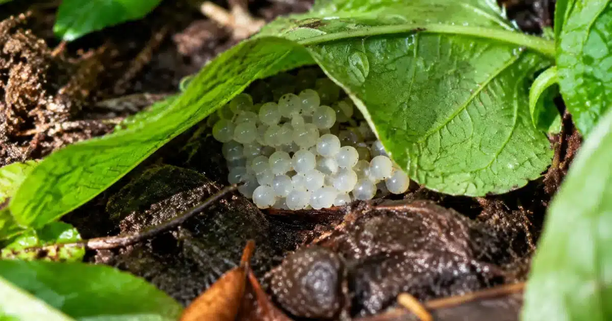 Oeufs de limaces regroupes sous feuilles humides au sol