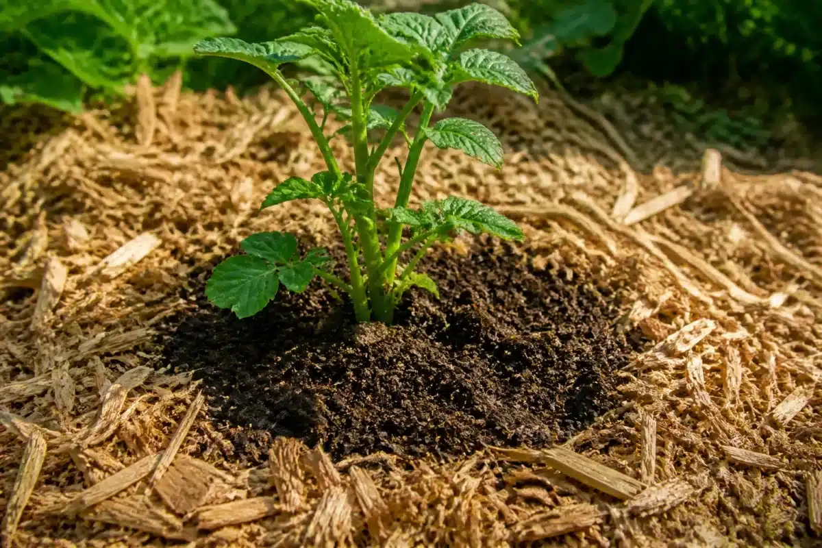 Copeaux bois frais autour plante avec compost épandu