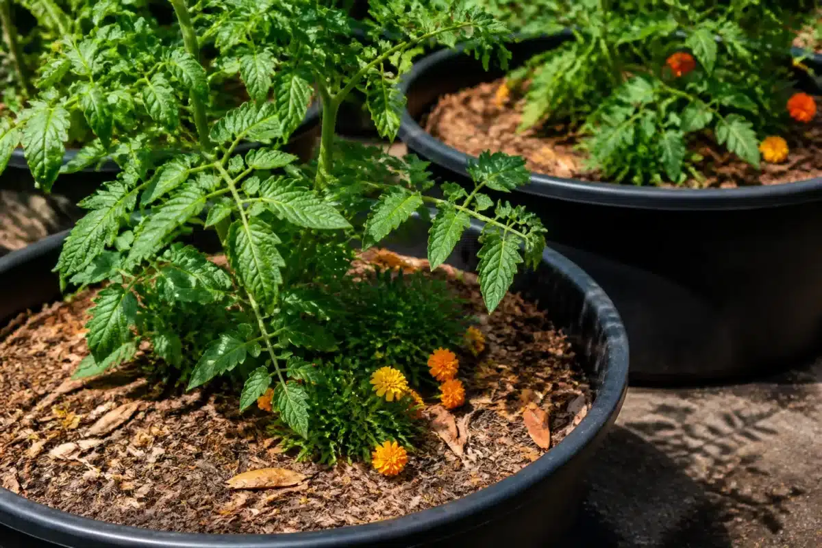 Paillis espacé autour plantes avec pots surélevés débris