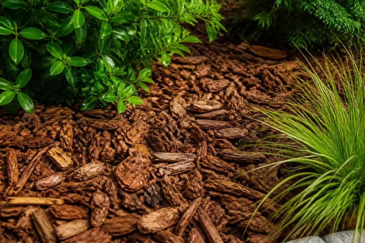 Couche de paillis brun couvrant sol de jardin fertile