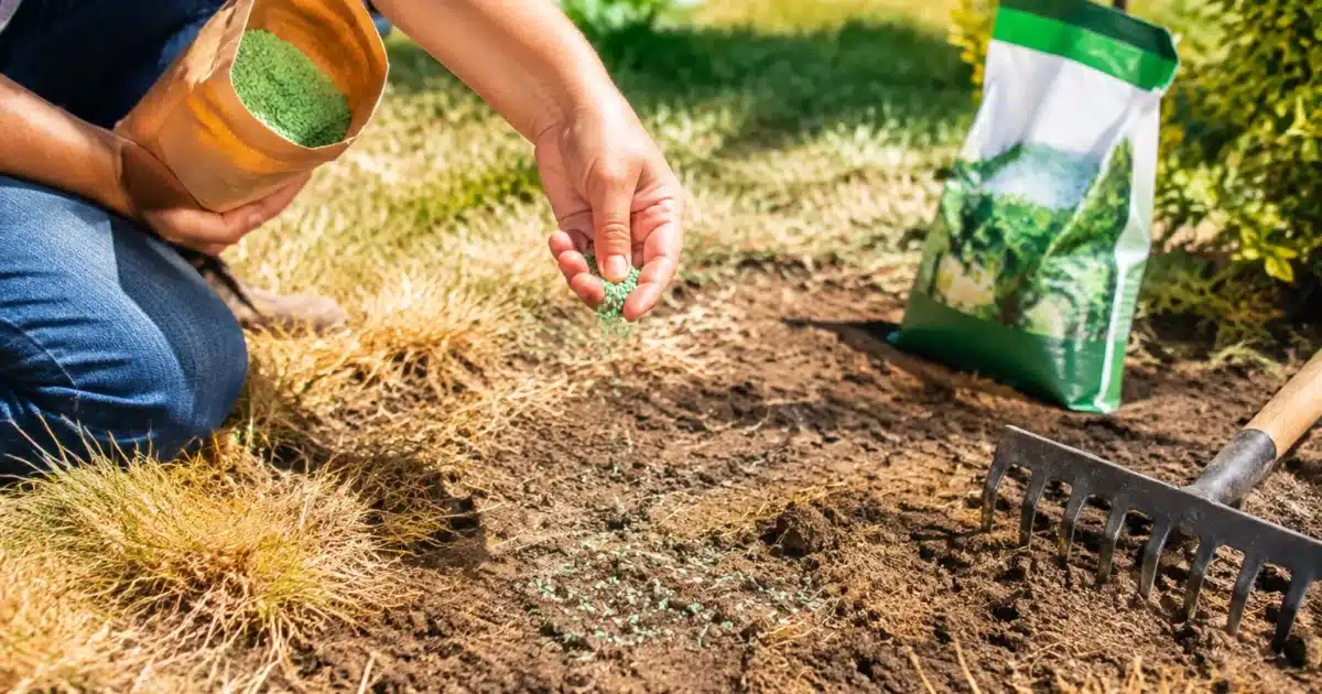 Jardin sec et jauni recevant engrais et semences vertes