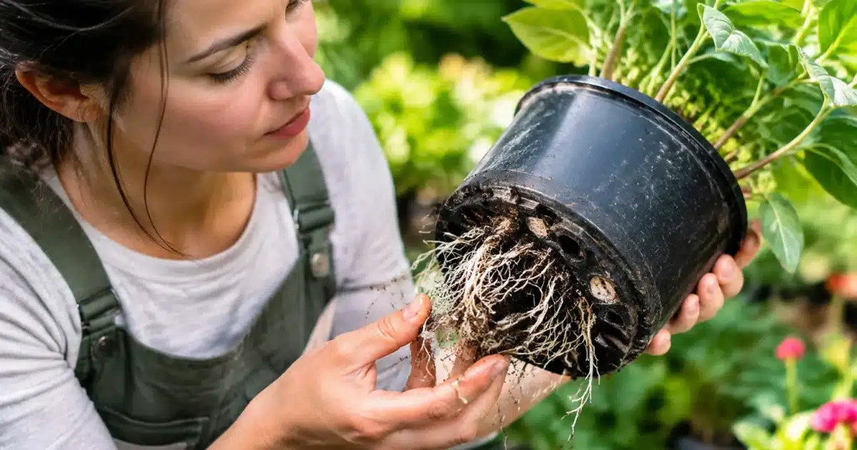 Pepinieriste examine racines blanches sortant trou drainage pot