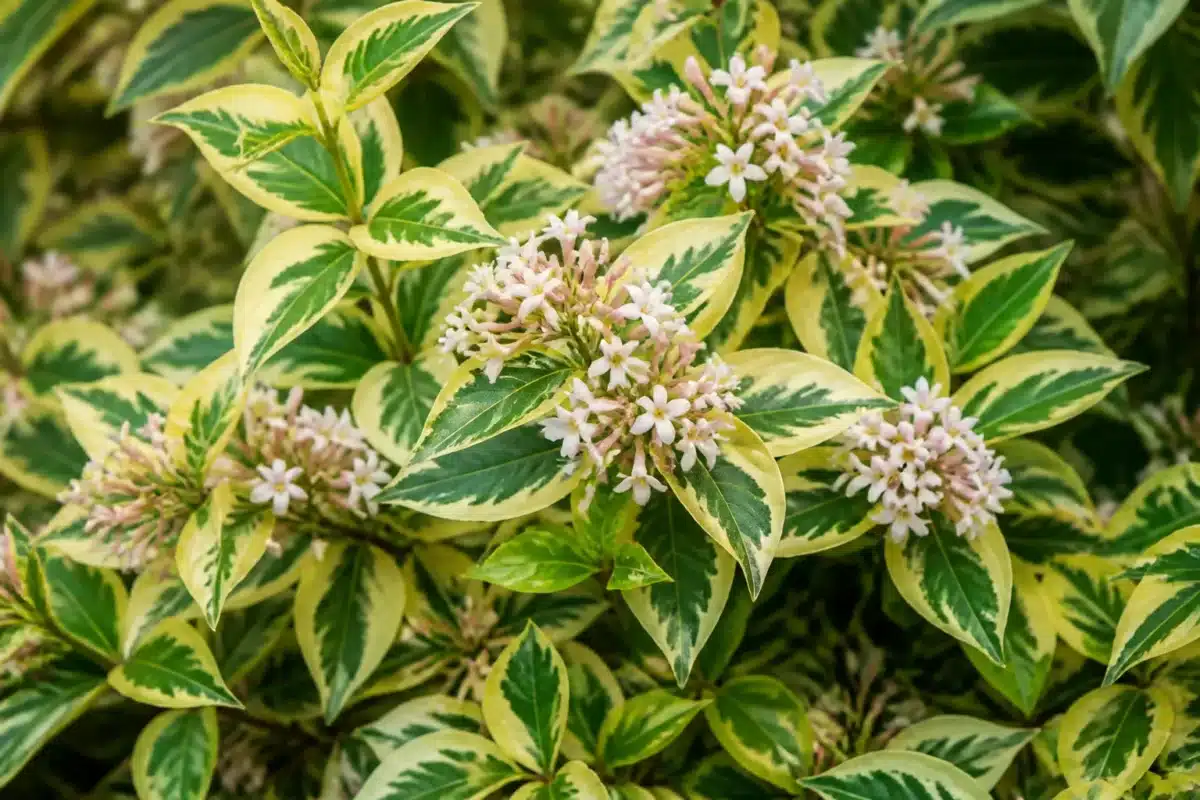 Arbuste feuillage creme vert petites fleurs parfumees