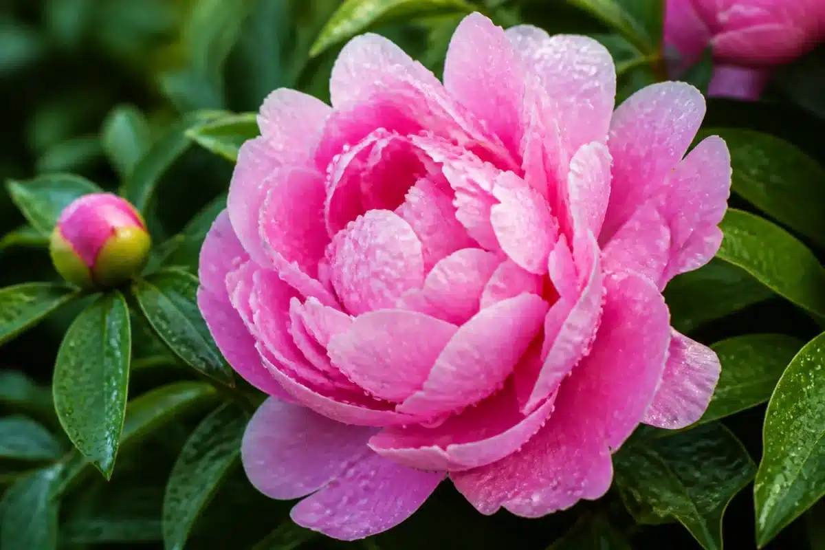 Pivoine rose avec feuilles vertes arrosee au printemps