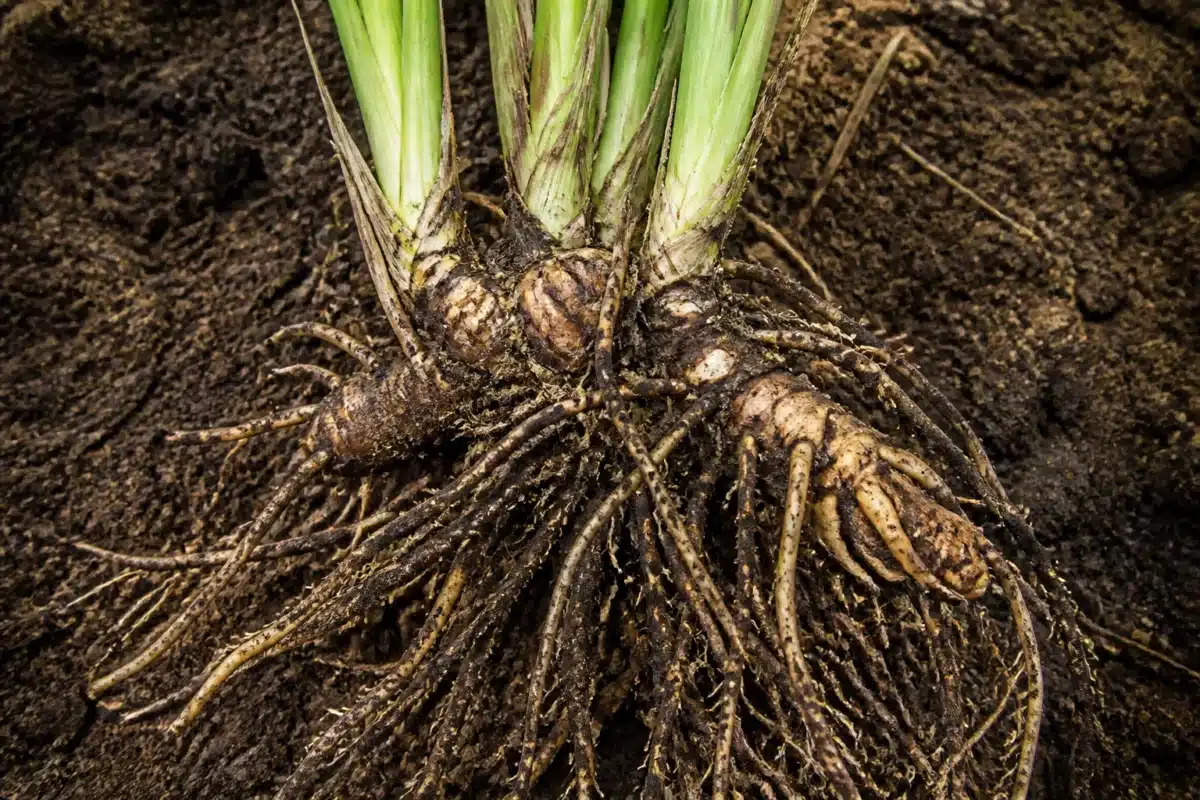 Rhizome iris exposé centre butte terre racines étalées