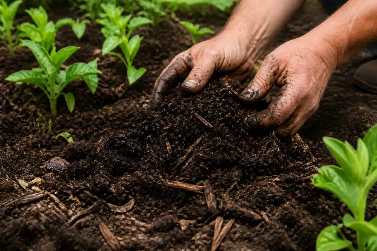 Mains creusant terre avec compost pres jeunes plants espaces