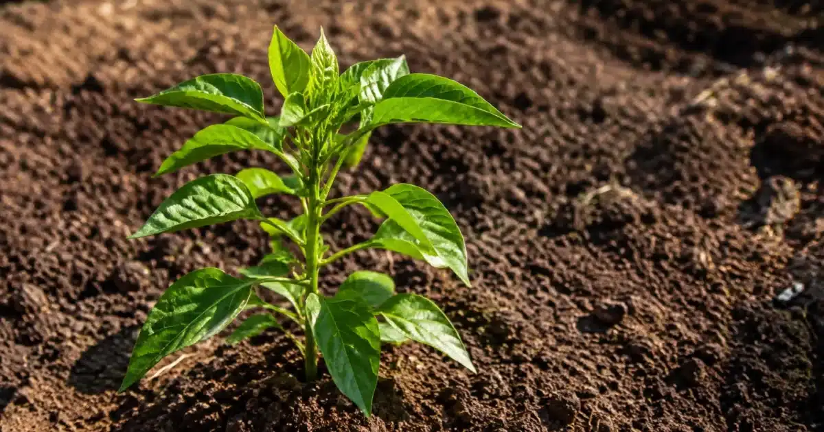 Plante verte poussant seule dans potager vide et terre nue