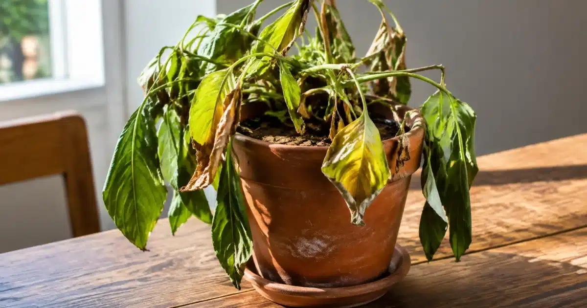 Plante verte flétrie dans pot sec posée sur table en bois