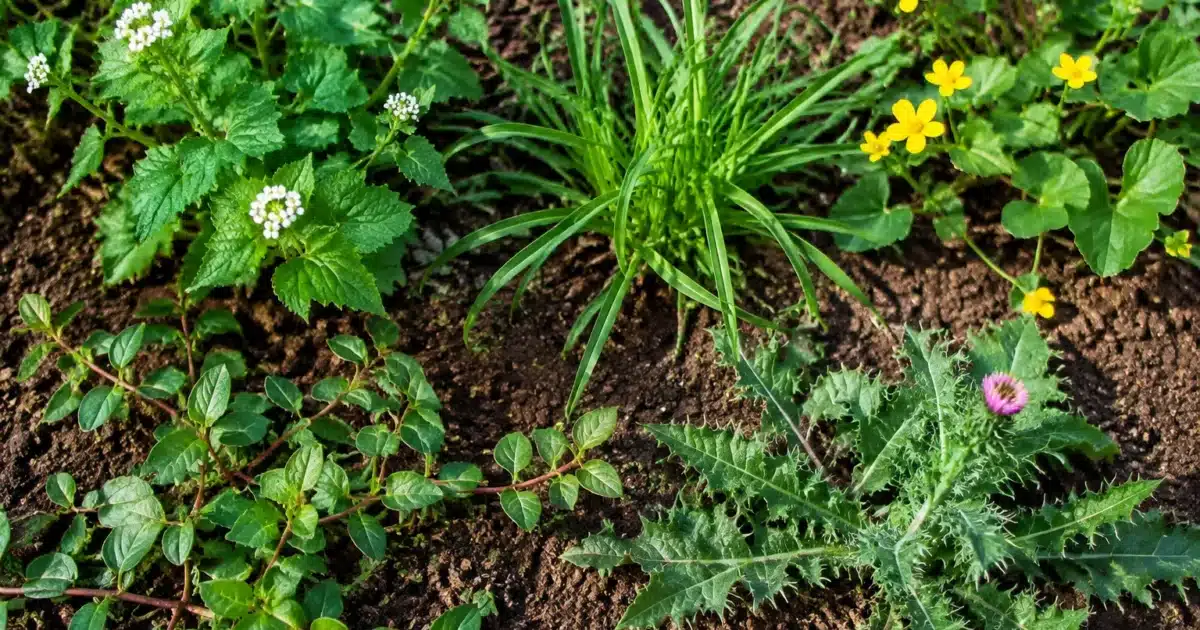 Cinq plantes invasives étalées sur terre brune de jardin