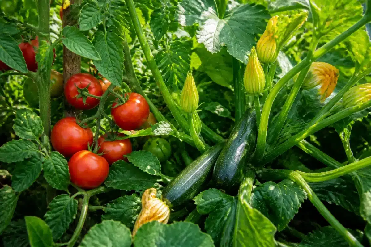 Tomates rouges et courgettes vertes sur plant fertile