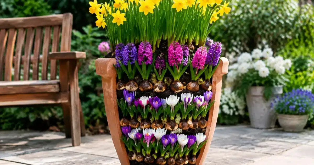 Pot empile contenant plusieurs rangees de bulbes fleuris disposes verticalement