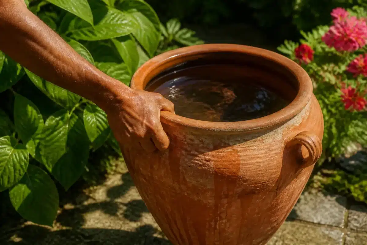 Main levant pot terracotta lourd rempli eau