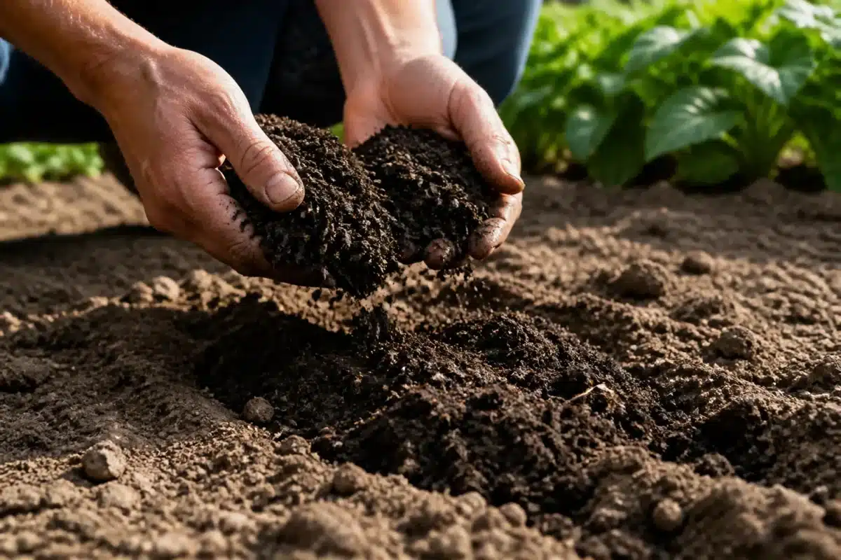 Mains épandant compost noir sur terre griffée