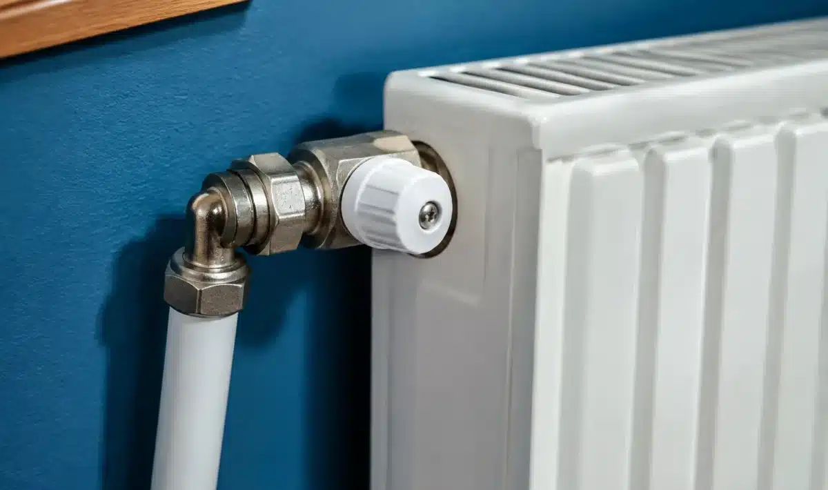 Main ouvrant valve purgeur sur radiateur metallique blanc