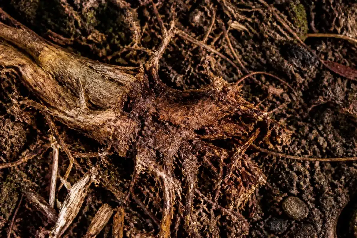 Racine en décomposition dans texture sol variable