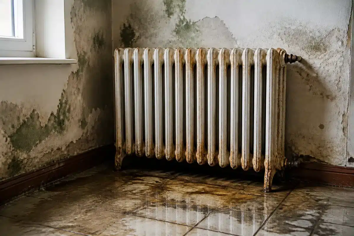 Radiateur rouille avec traces humidite sol mur