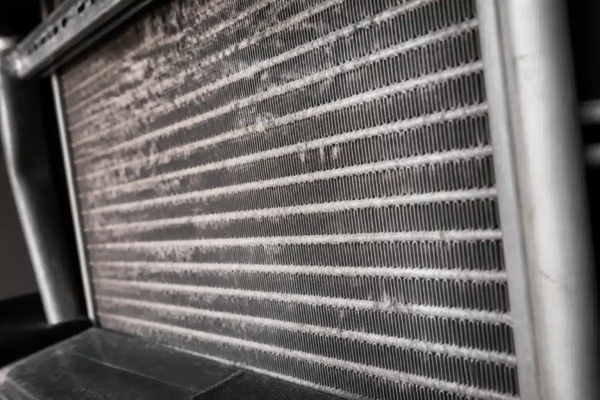 Radiateur métallique avec ailettes recouvertes de poussière grise
