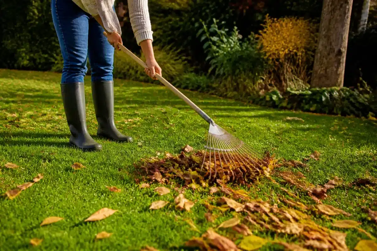 Personne ratissant feuilles seches sur pelouse verte