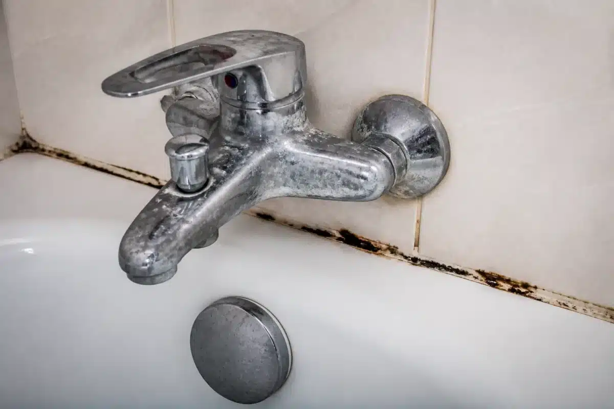 Salle de bain avec robinetterie calcaire et joints moisis