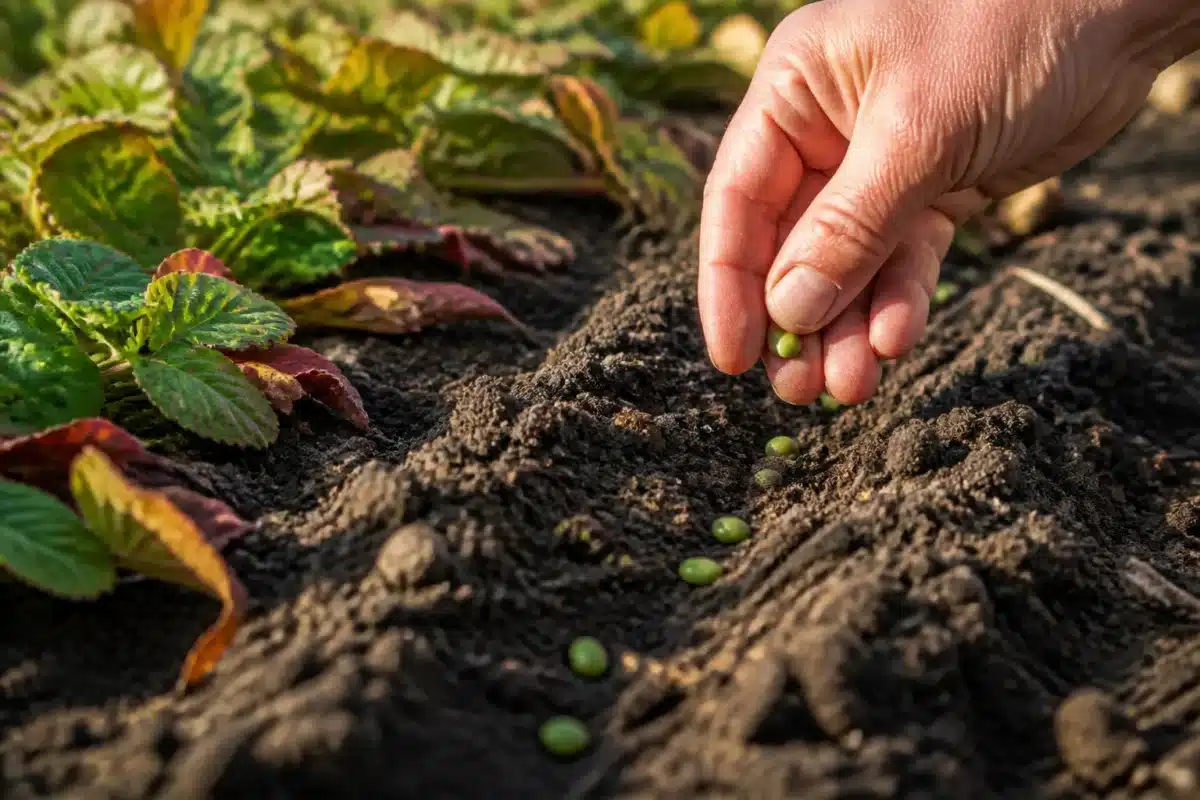 Graines vertes semees dans terre de potager automnal