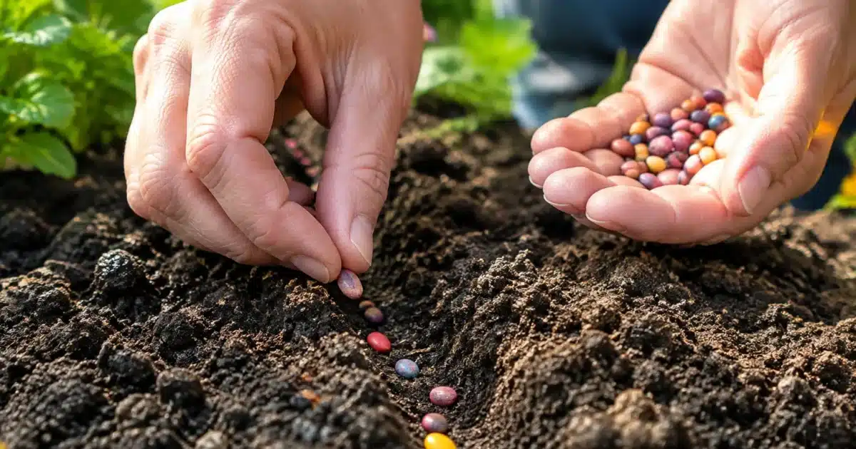 Mains semant des graines colorées dans terre humide de jardin
