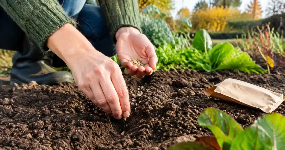 Mains plantant graines dans sol fertile de potager automnal