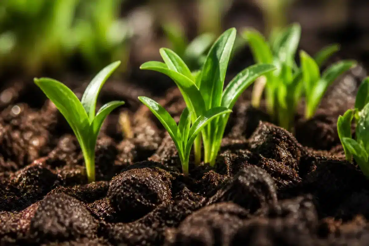 Jeunes plants verts sortant terre humide printemps