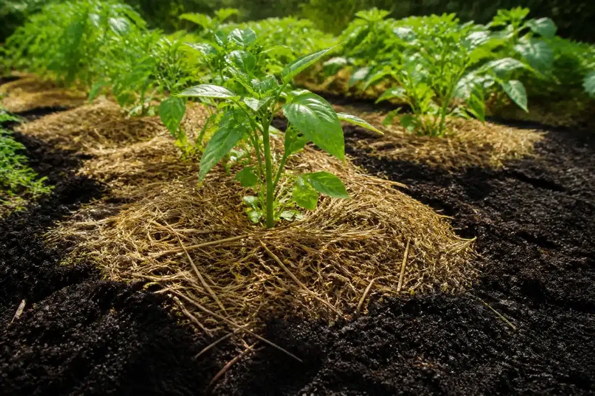 Paillis brun autour plants avec compost noir épandu surface