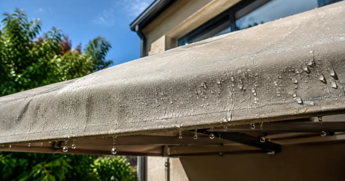 Store exterieure avec gouttes eau ruisselant sur toile tendue horizontalement