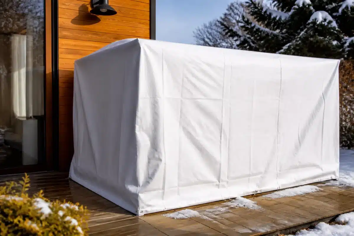Store replié sous housse protection hivernale blanche