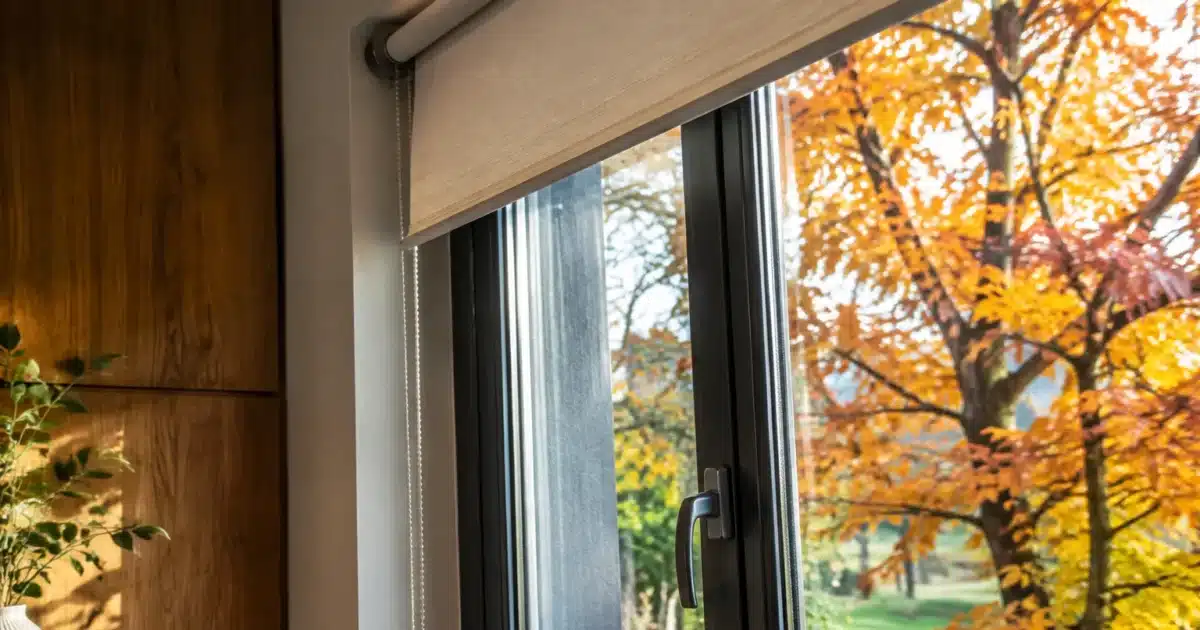 Stores enroules verticalement contre fenetre pendant automne
