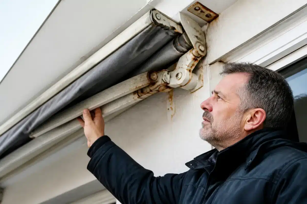 Storiste inspectant fixations corrodees et structure deformee store