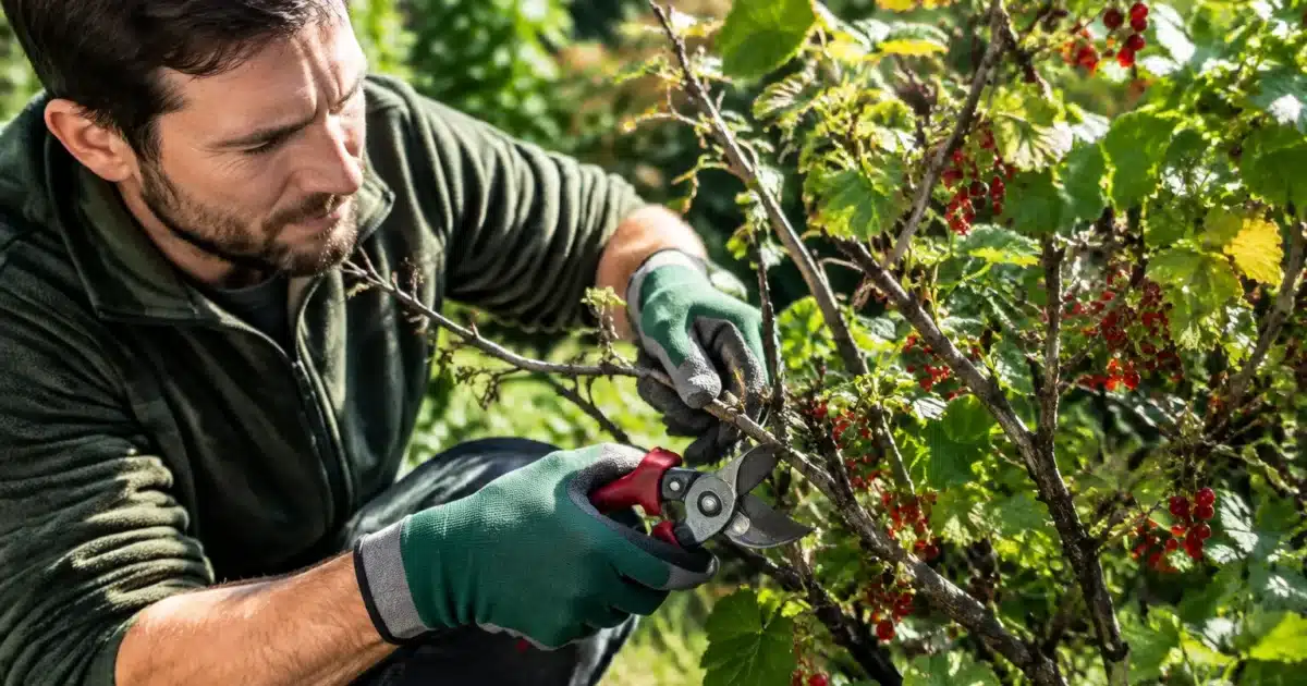 Jardinier coupant branches mortes sur arbuste groseillier avec sécateur
