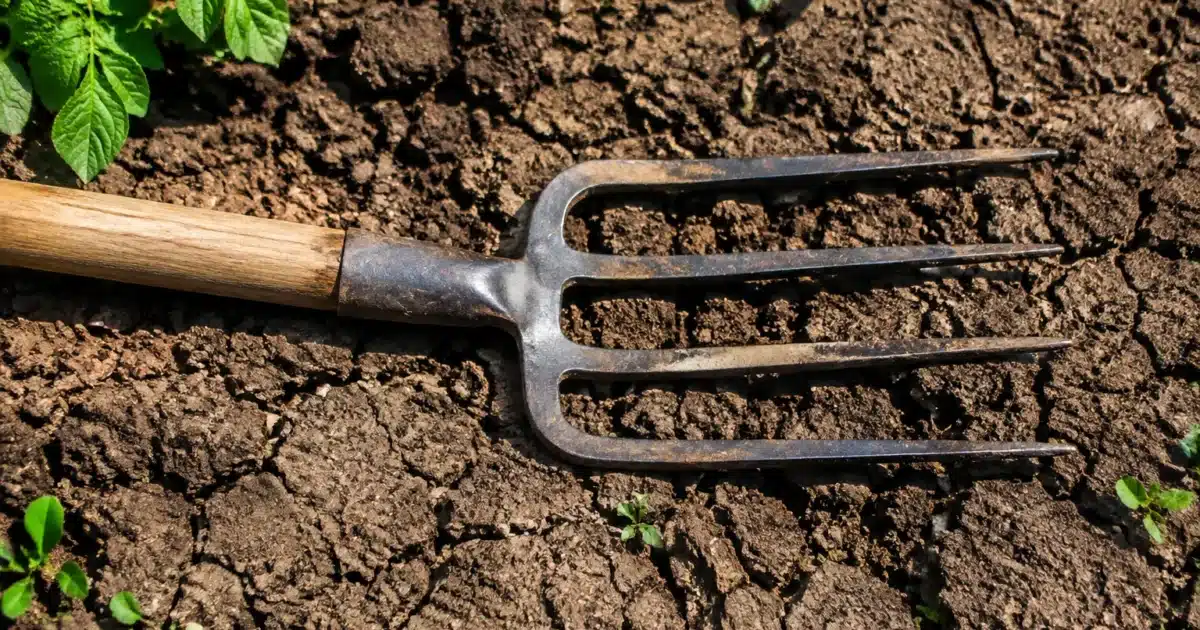 Soil compacted and cracked, gardener's fork resting horizontally on ground