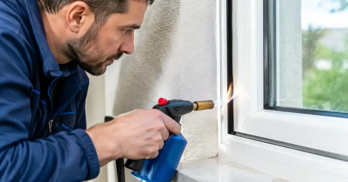Flamme allumee pres d'encadrement fenetre pour verifier etancheite joint