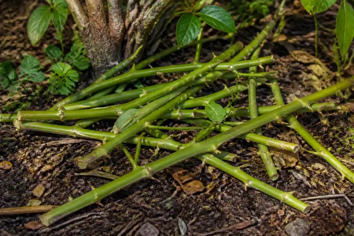 Tiges vertes coupees disposees sur sol de jardin