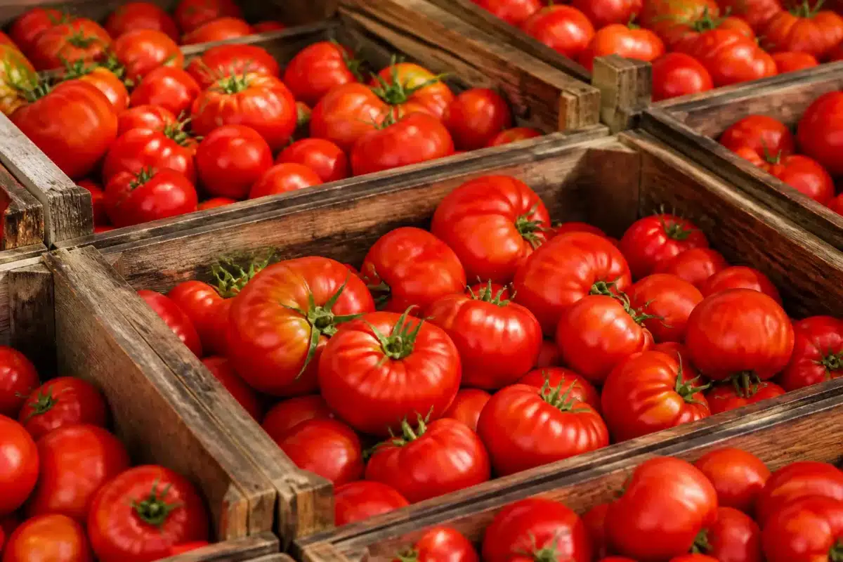 Tomates rouges disposees dans plusieurs cageots en bois