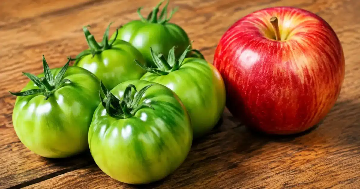 Tomates vertes disposees pres d'une pomme rouge sur surface bois