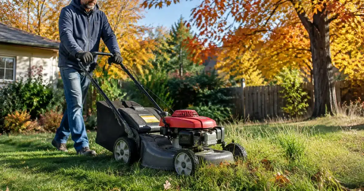 Tondeuse coupe herbe haute pelouse automne avant hiver