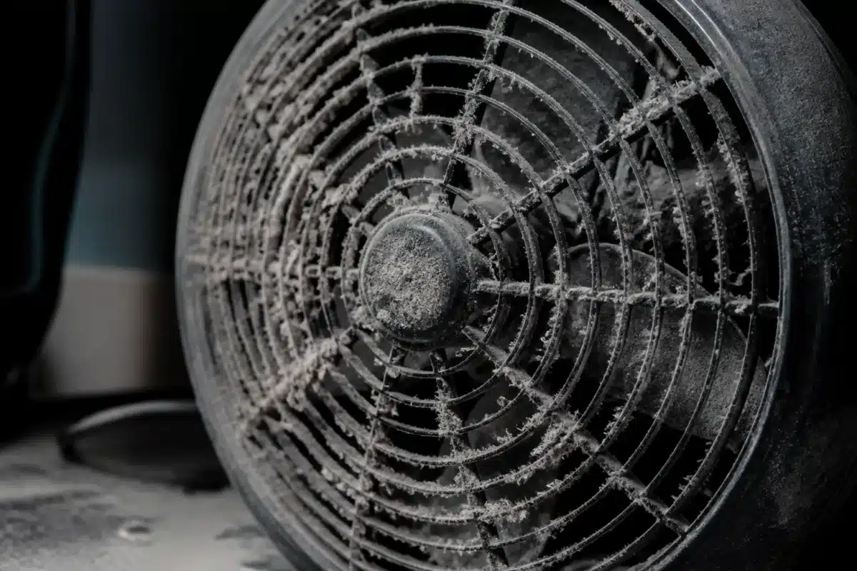 Ventilateur poussiéreux avec accumulation de poussière grise épaisse