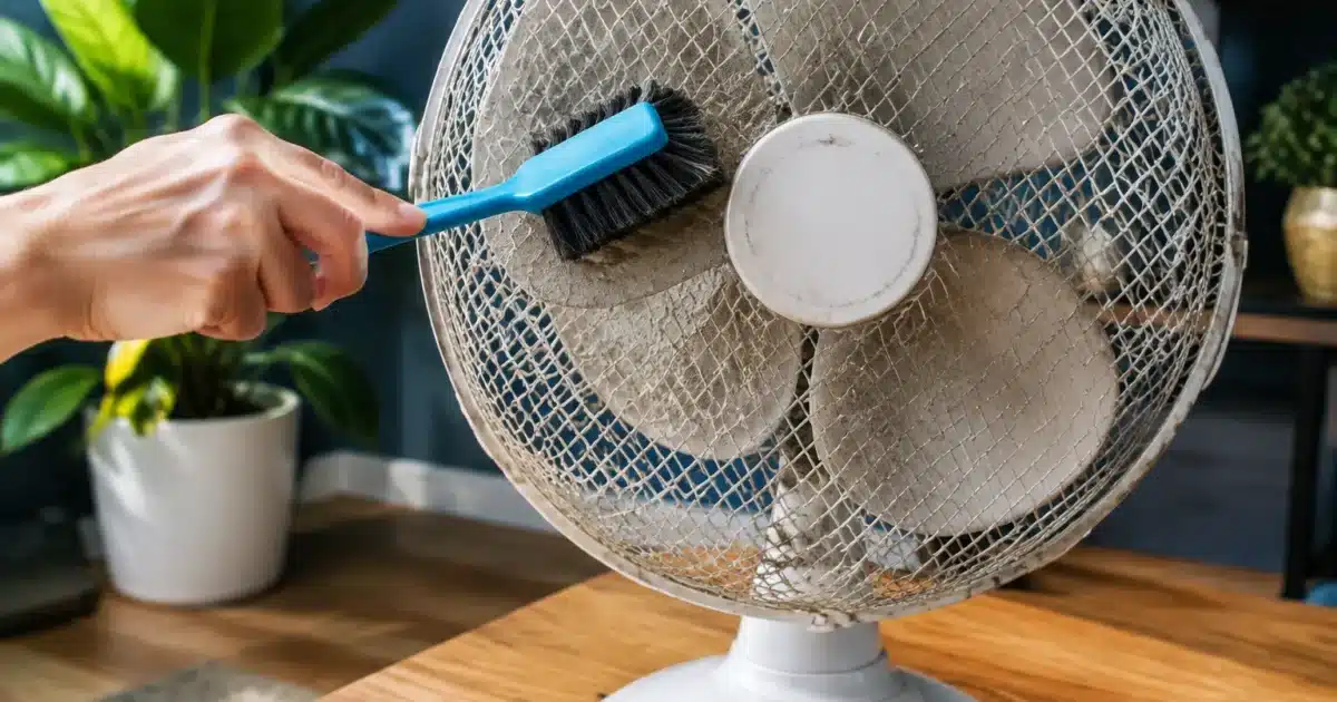 Ventilateur posé sur table avec brosse nettoyant ses pales poussiéreuses